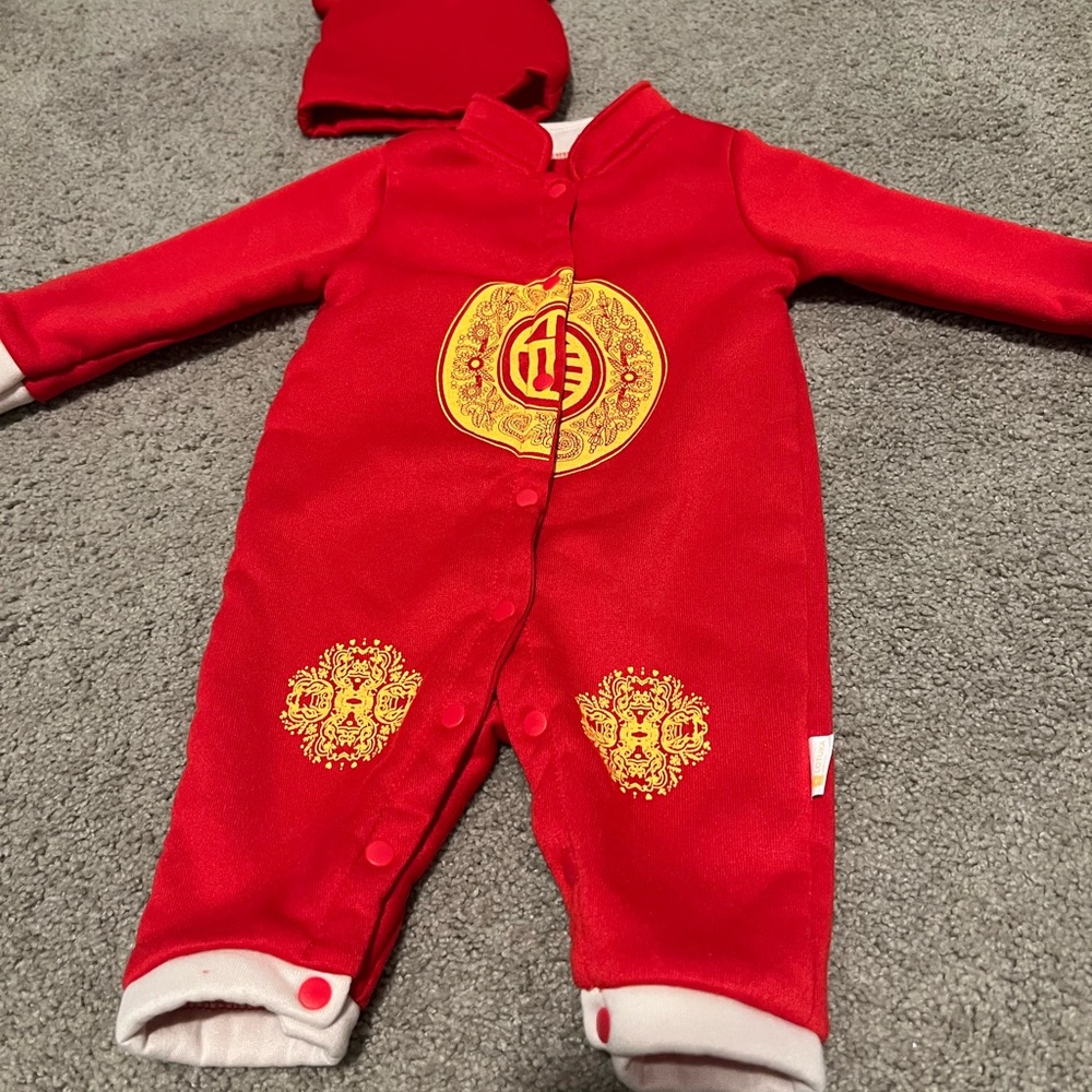 Bright Red and Gold Footie One Piece with Hood